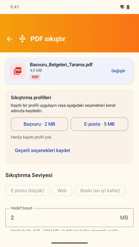OmniDoc ekranı: Hedef boyutu seç