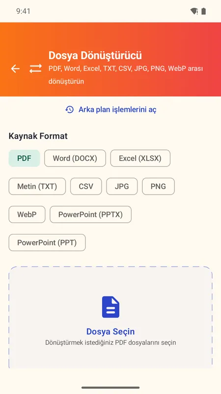 OmniDoc ekranı: Kaynak formatı PDF yap ve dosyanı seç