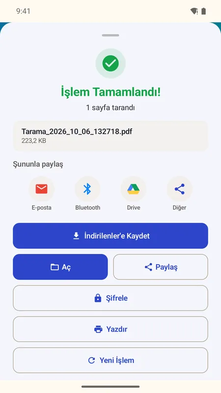 OmniDoc ekranı: PDF olarak kaydet ve paylaş
